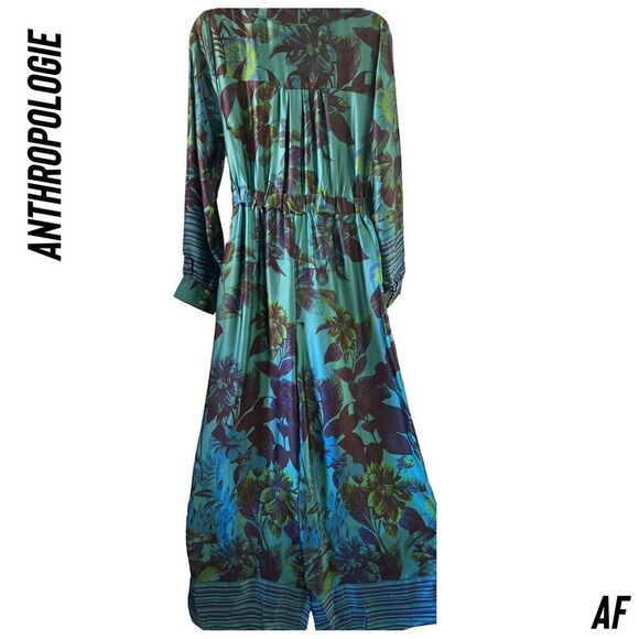 ANTHROPOLOGIE BY MARY O’MOLLY SILK JUMPSUIT IN BLUE GREEN FLORAL MEDIUM NWT - Picture 10 of 12